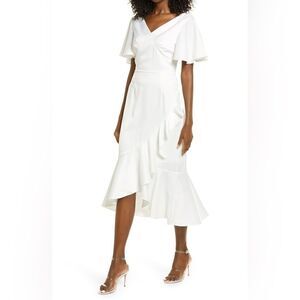 Amy Lynn White V-Neck Ruffle Midi Tea Dress Size Large